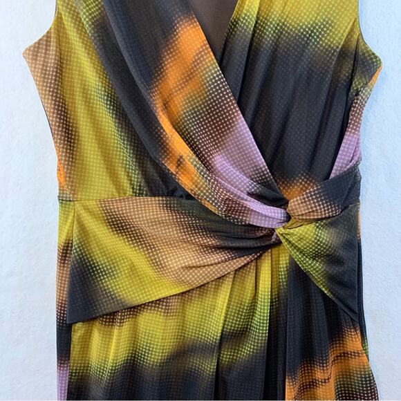 London Times Psychedelic Midi Dress Sz 14 Retro Disco Cyber Faux Wrap Office - Picture 3 of 16
